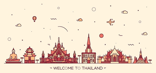 Skyline of Thailand, detailed silhouette. Trendy vector illustration, linear style.