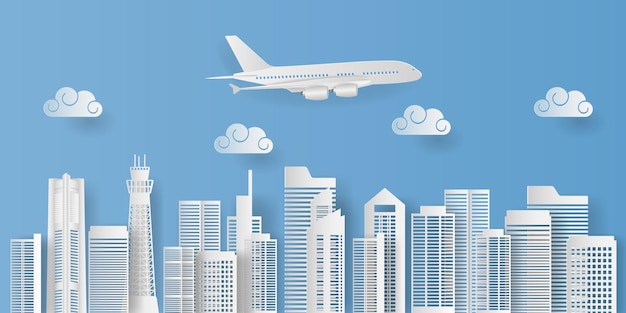 Skyscraper with clouds and airplane Modern city skyline building Paper art style Vector illustration