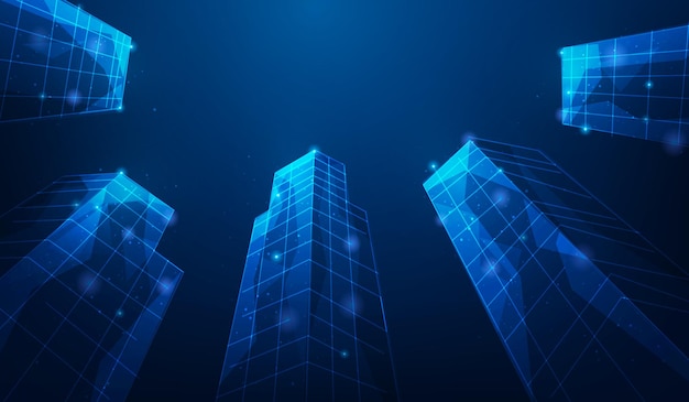 skyscrapers business office modern buildings low poly wireframe on blue background copy space