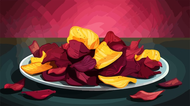 Vector slate plate with tasty beet chips on table vector illustration