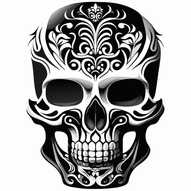 A sleek black and white skull tattoo with intricate details and a hint of realism