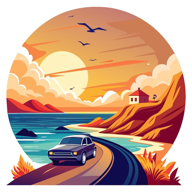 Vector sleek car cruising along a winding road against a backdrop of a fiery sunset sky