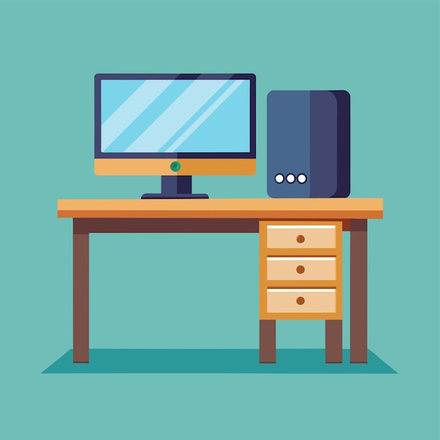 A sleek desk holding a modern computer and monitor A sleek desk with a modern computer monitor and keyboard Simple and minimalist flat Vector Illustration