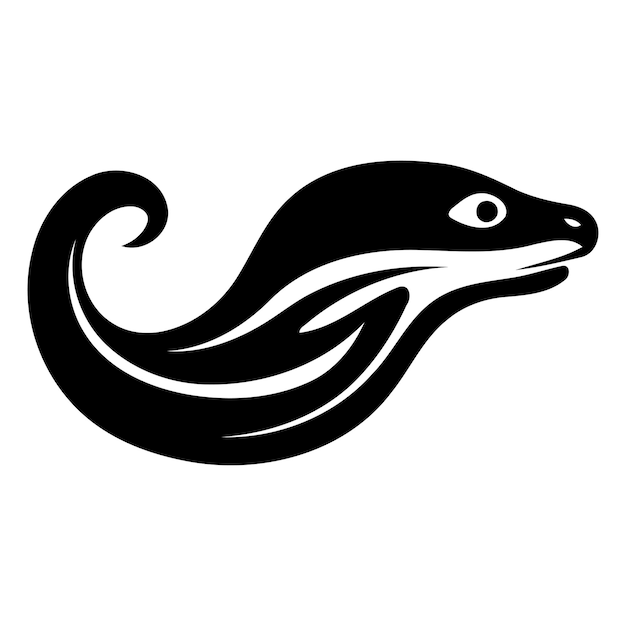 A sleek and stylized black and white illustration of an eel or serpent