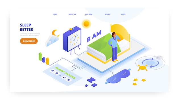 Sleep better landing page design website banner vector template sleep eye mask healthy circadian rhythm