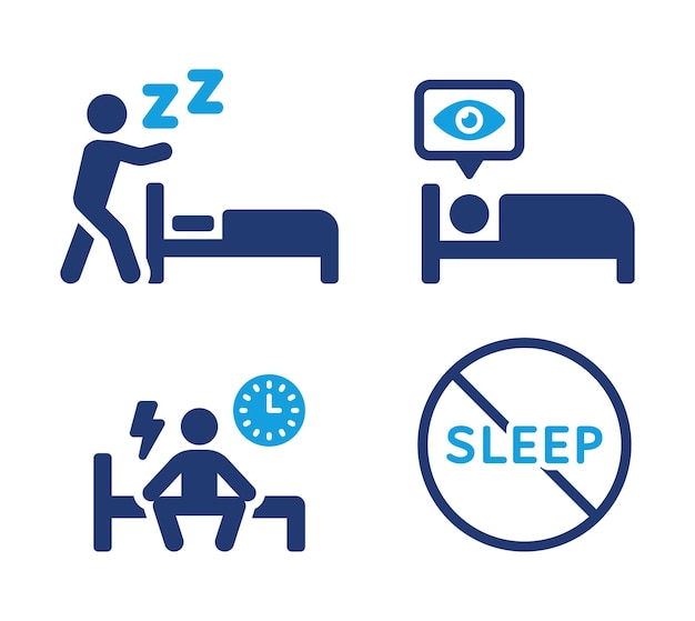 Sleep disorder with insomnia, sleepwalk and sleepless night vector icon set illustration.