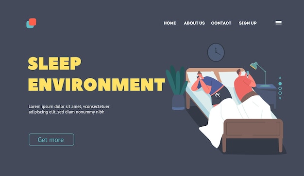 Sleep Environment Landing Page Template Internet Addiction Family Problems Young Couple Lying in Bed with Smartphones