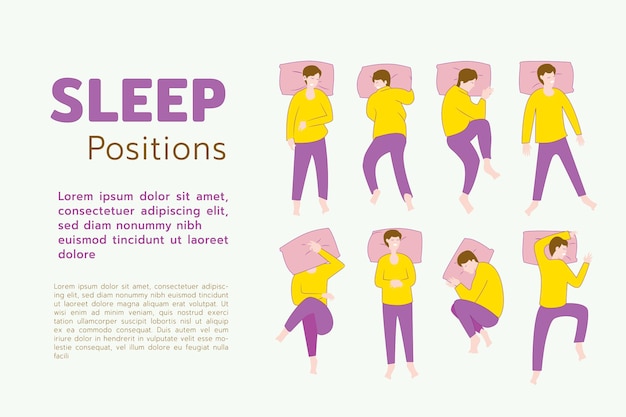 Vector sleep positions of human, how posing human can be in sleeping time,  flat vector illustration