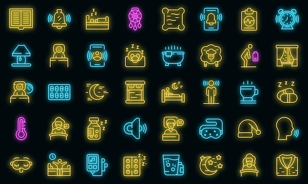 Sleep problems icons set. Outline set of sleep problems vector icons neon color on black