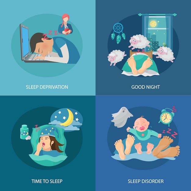 Sleep time design concept set with deprivation and disorder flat icons isolated