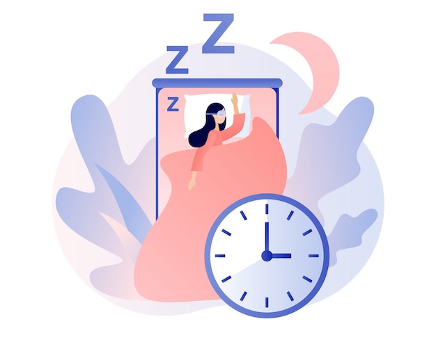 Vector sleep time sweet dreams good health and work of biological rhythms tiny woman sleeping at night