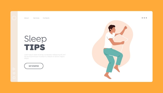 Sleep Tips Landing Page Template Tired Man in Pajama Sleep on Bed Lying on Side with Pillow between Legs Top View