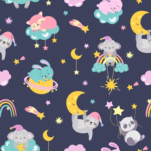 Sleeping animals background Cute animal sleep baby night dream fabric print Cartoon rabbit fox cute koala sloth on moon and clouds nowaday vector seamless pattern