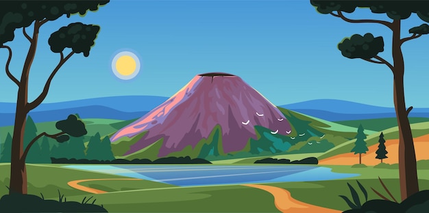 Sleeping or awakening volcano vector illustration. Volcano on a island,  mountain landscapes.