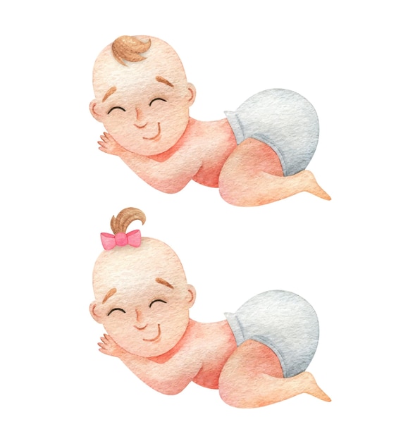 Sleeping baby in a diaper Cute newborn boy and girl clipart illustration child twins gender reveal