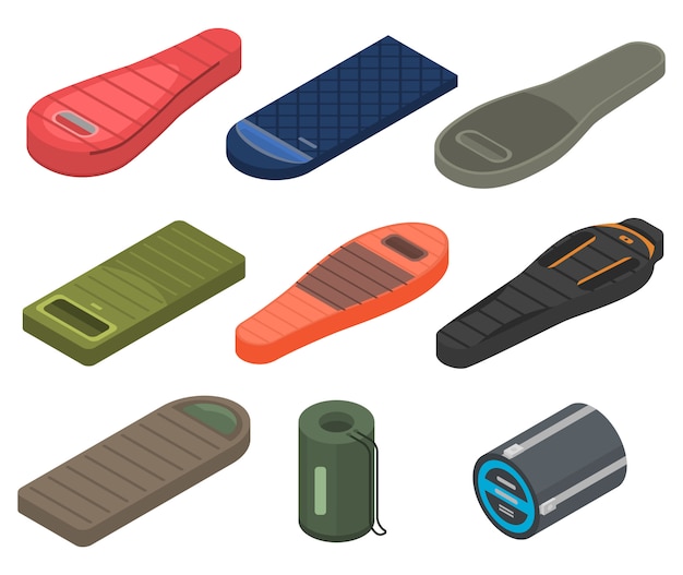 Sleeping bag icons set, isometric style