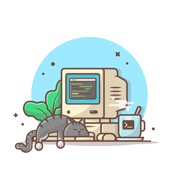 Sleeping Cat on Laptop with Plant and Coffee   Illustration. Workspace Icon Isolated