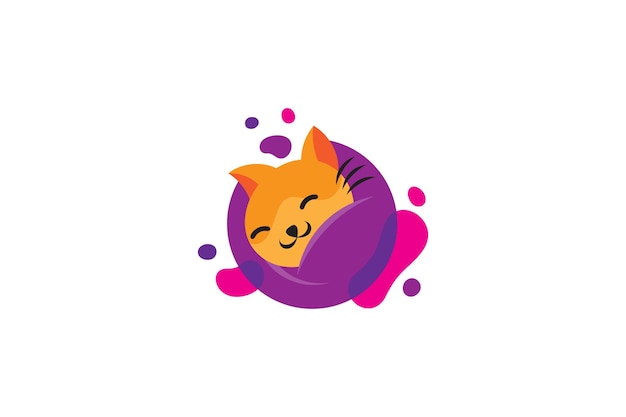 Sleeping cute cat cartoon character logo