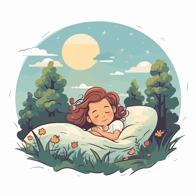 Sleeping Girl in Beautiful Bed Illustration