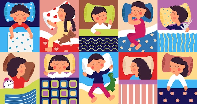 Sleeping kids Peaceful childhood kid sleep in home bed Bedtime cartoon children dreaming with toys sleepy child Baby rest decent vector concept