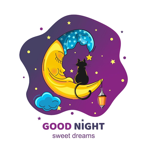 Sleeping moon. Cartoon moon in a night cap. Black cat sits on a sleeping moon