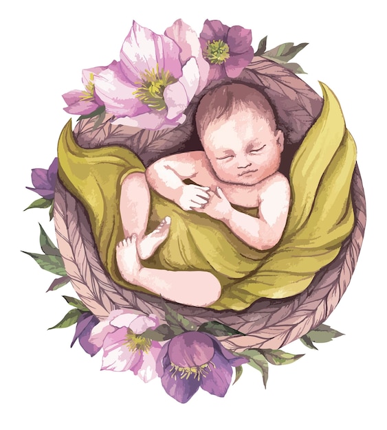 Sleeping newborn baby in flowers. Baby shower boho watercolor clipart