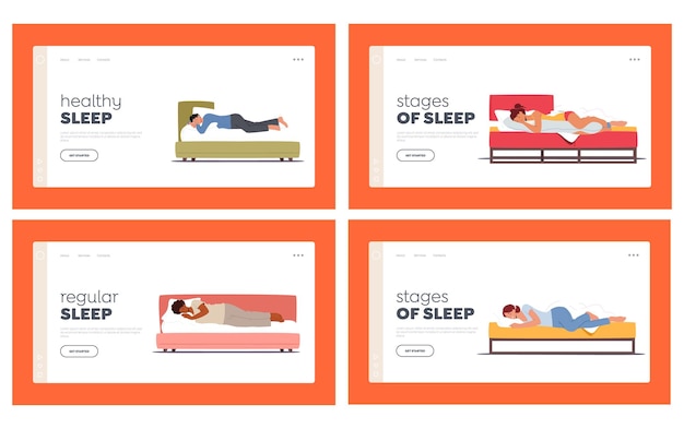 Sleeping People Landing Page Template Set Men And Women Lying In Bed Nighttime Relaxation Characters Sleep at Home