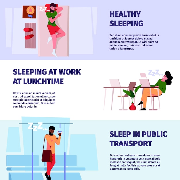 Sleeping persons banners Sleepy lazy people in bed relax in city transport sleeping positions garish vector print design templates with place for text