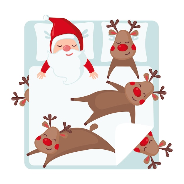 Sleeping Santa Claus and Deers the day after Christmas isolated on white background