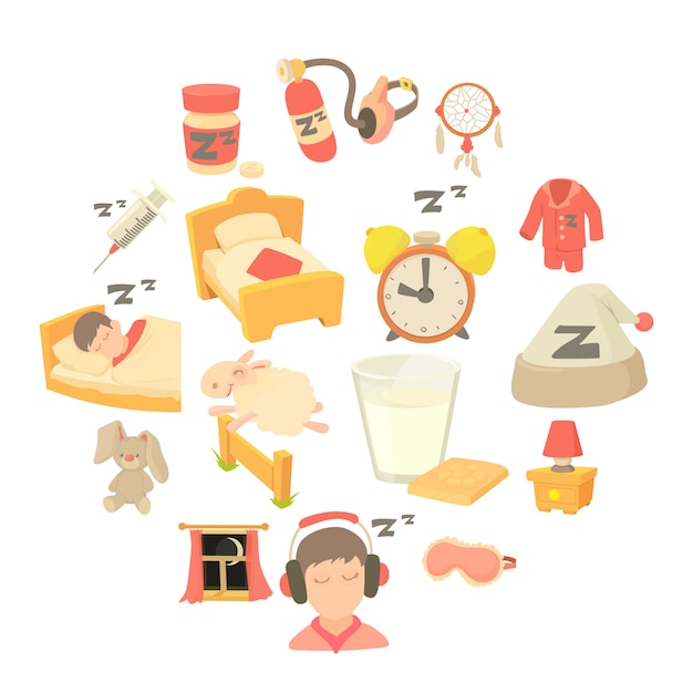 Sleeping symbols icons set, cartoon style