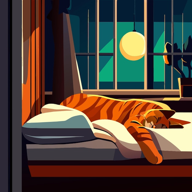 Vector sleeping tabby cat in a cozy bed soft lighting and peaceful expressions illustration vector