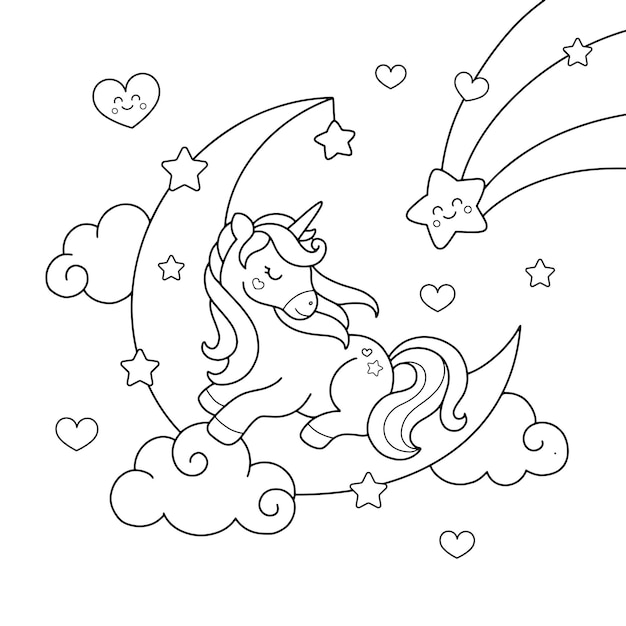 Sleeping Unicorn on the moon and stars drawing coloring page