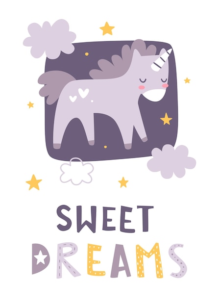 Sleeping unicorn with lettering Sweet dreams print Cute poster for baby girl pajamas