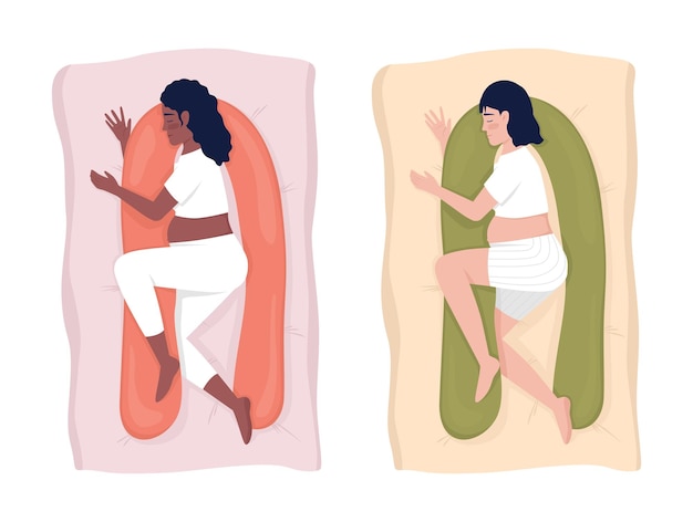 Sleeping with pregnancy pillow 2D vector isolated illustration set