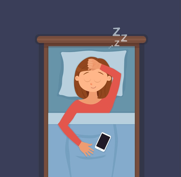 Sleeping woman face cartoon character happy girl have a sweet dream. Person with closed eyes in darkness night lying on bed, pillow, blanket. Resting female napping, tired, zzz vector illustration