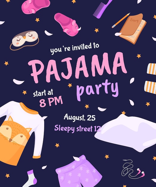 Vector sleepover invite pajama party invitation card holiday sleep over in bed beautiful pajamas child friends bedding friendship night poster background vector illustration of sleepover invitation card