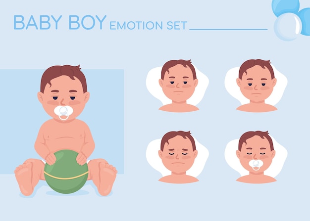 Sleepy baby boy semi flat color character emotions set