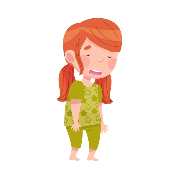 Sleepy Little Girl Wearing Pajamas Yawning Vector Illustration