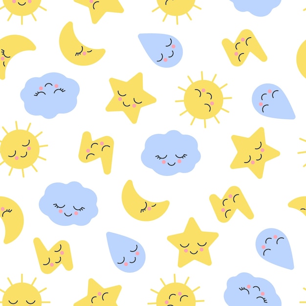 Sleepy nature kid pattern with cute face toy sun moon month star cloud drop lightning for baby