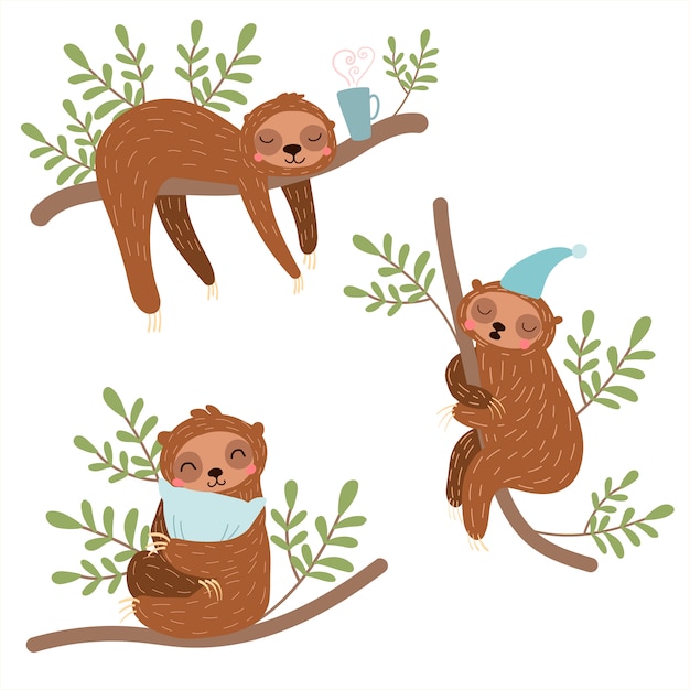 Sleepy Sloths illustration set. Cute lazy animals.