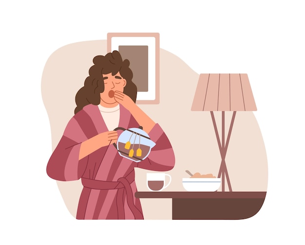 Sleepy woman yawning and drinking strong tea early in morning at home. Hard wakening of drowsy tired person. Female's drowsiness and sleepiness. Flat vector illustration isolated on white background