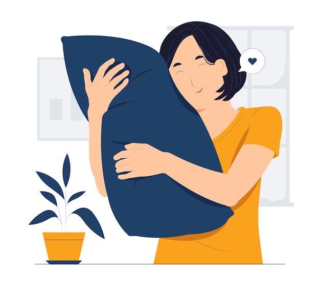 Sleepy young woman leans on a soft pillow concept illustration