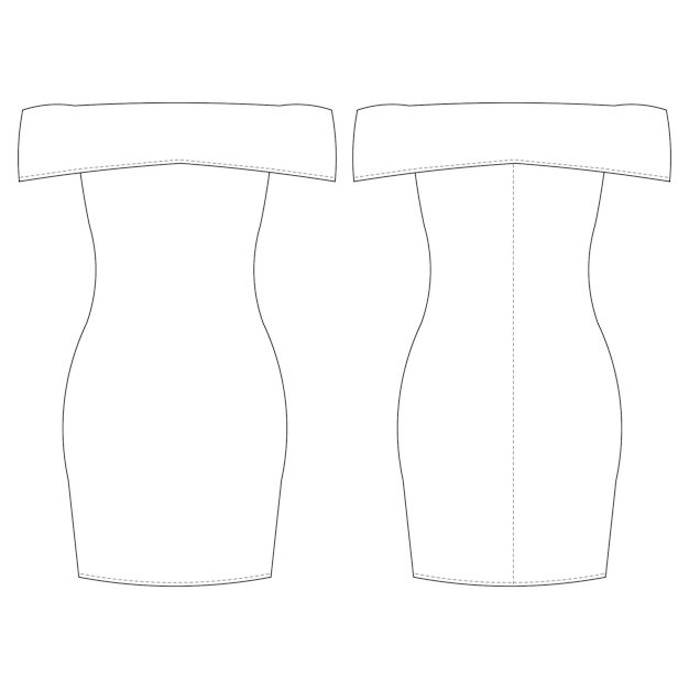 Vector sleeveless off the shoulder neck short elastic bodycon dress template technical drawing flat sketch