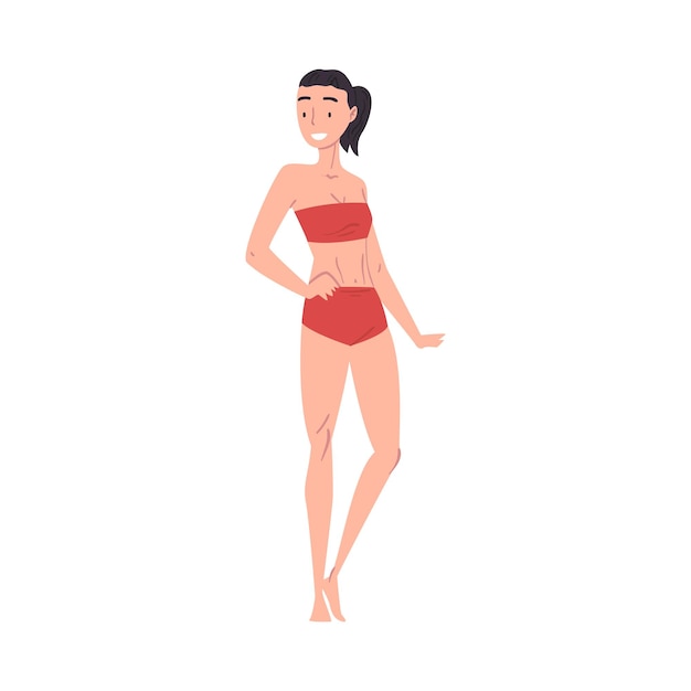 Slender Young Woman in Red Bathing Suit Slim Female Figure type Cartoon Style Vector Illustration on White Background