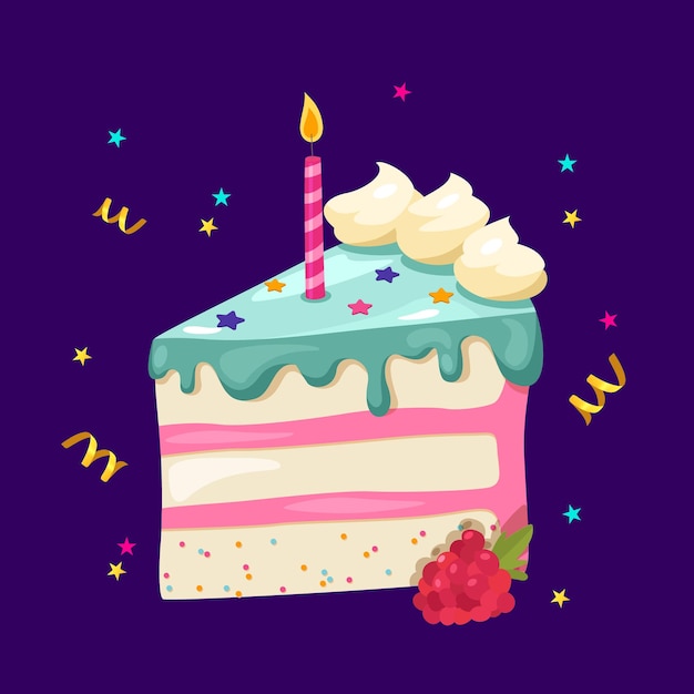 Slice of birthday cake with candle on violet background