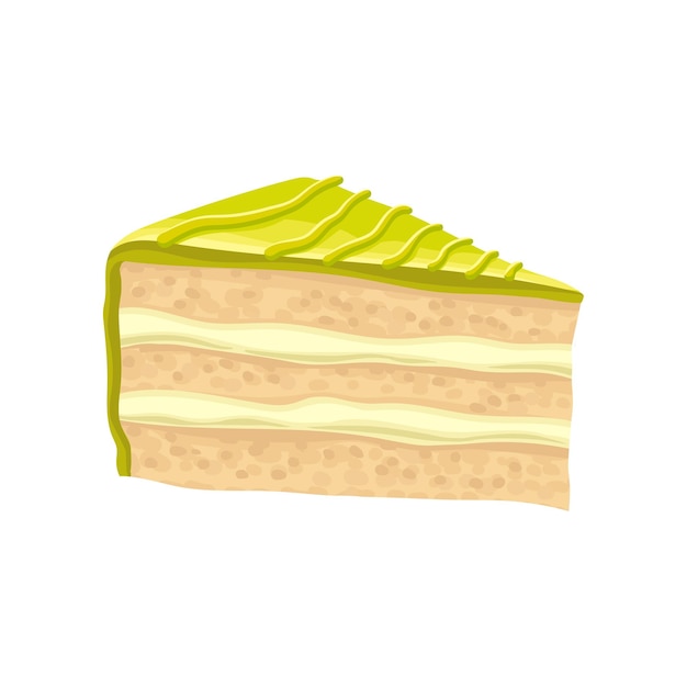 Slice of layered cake with green butter cream Sweet and tasty pie Delicious dessert Flat vector design for bakery store or menu