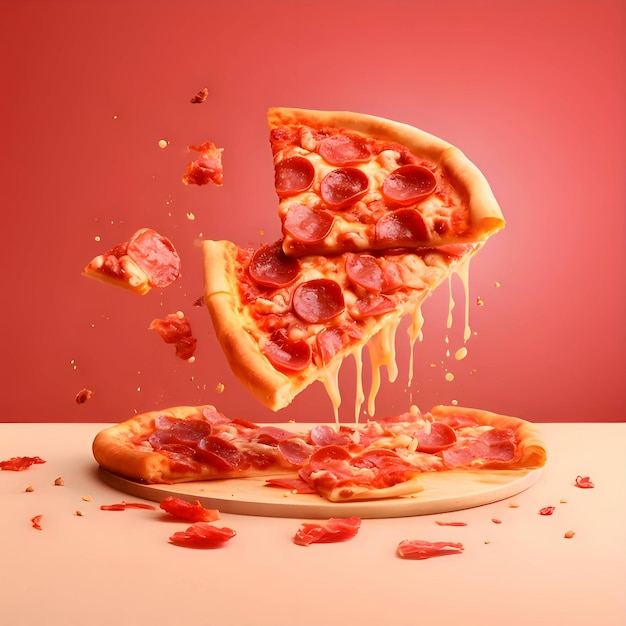 A slice of pizza on an orange background