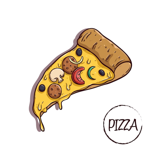 slice pizza with cheese and delicious topping using colored doodle style