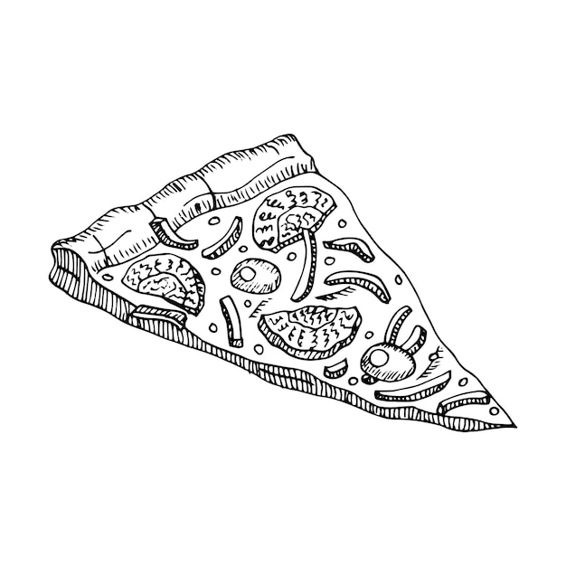 Slice of pizza with mushrooms peppers and cherry tomatoes vector hand drawing isolated from background Fast food