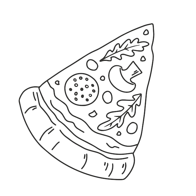 Slice of pizza with pepperoni and mushrooms Black and white image for tattoo or coloring or logo